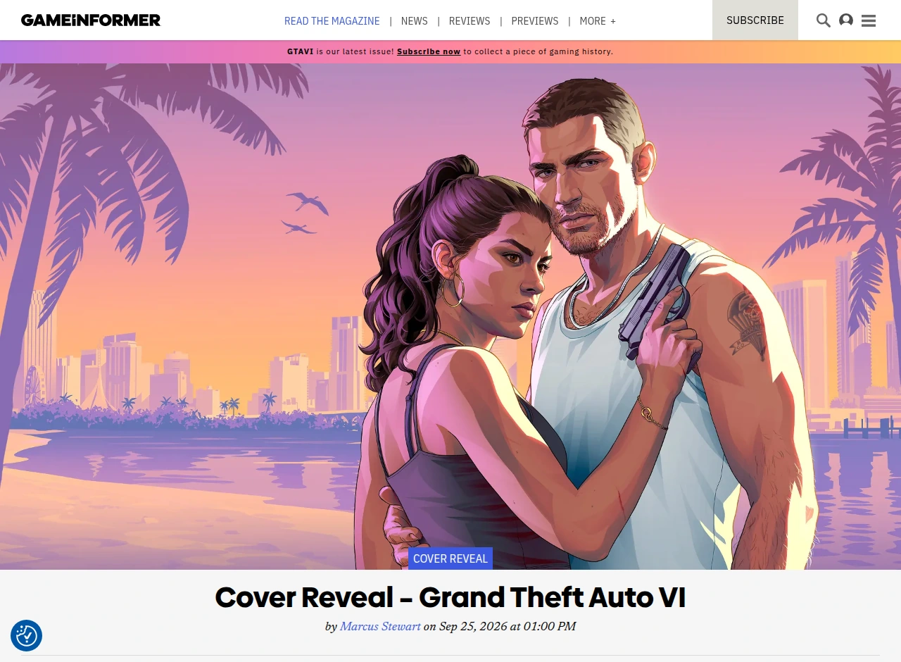 Actual Game Informer cover-reveal webpage: site navigation, GTA VI artwork and Cover Reveal – Grand Theft Auto VI headline