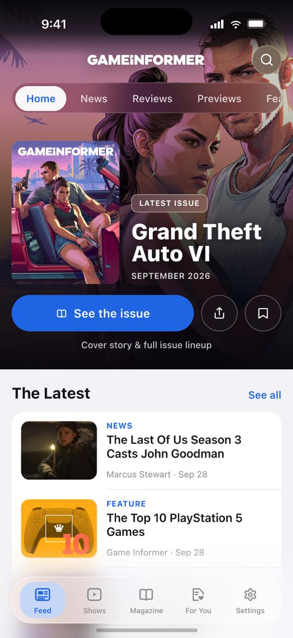 Game Informer iOS app on an iPhone, showing the GTA VI issue and latest news